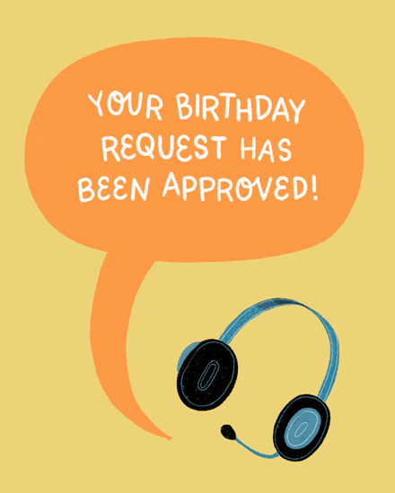 Orange speech bubble with approval message and blue headset on mustard background
