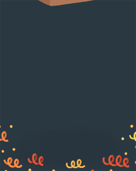 Dark slate background with orange and yellow confetti streamers along the bottom edge