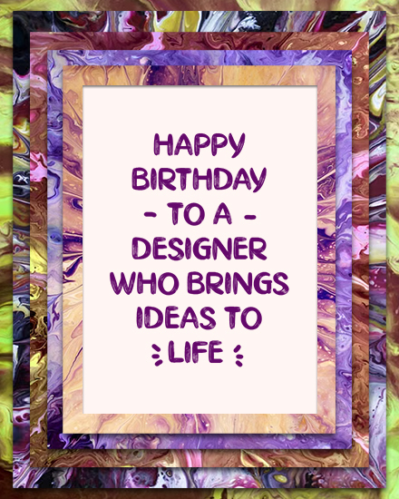 Marbled purple and gold border with cream center reading Happy Birthday to a designer