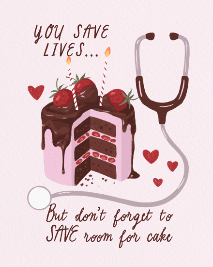 Pink medical birthday design with stethoscope, hearts, and chocolate strawberry cake illustration