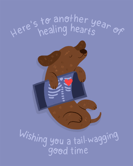 Cartoon brown dog holding X-ray with red heart on lavender background, vet birthday message