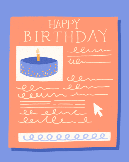 Coral pop-up message reading Happy Birthday with cake icon, squiggle lines, and cursor on blue background