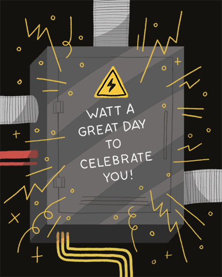 Dark electrician-themed design with electrical panel, lightning warning sign, and yellow spark doodles