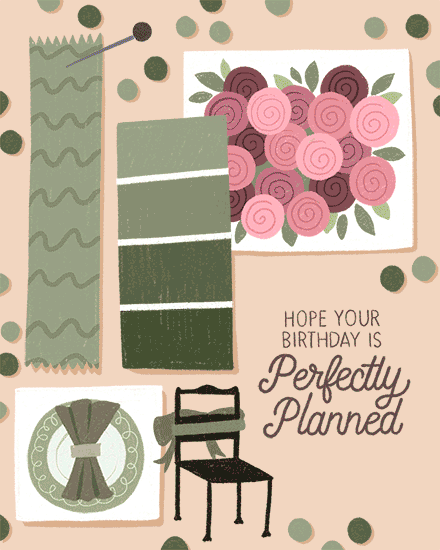 Planner-themed birthday design with fabric swatches, pink roses, chair sketch, and hand-lettered message