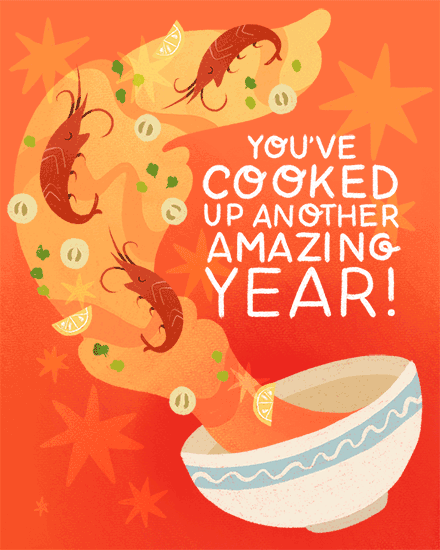 Orange birthday design with ramen swirl, shrimp toppings, bowl, and text message