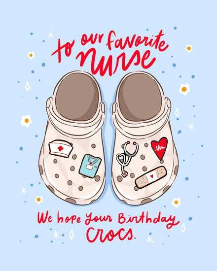 Nurse birthday design with illustrated Crocs, medical charms, and red script text on blue