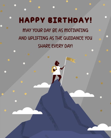 Person on mountain holding a flag, clouds and sparkles, reads: Happy Birthday.