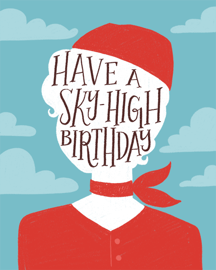 Illustration of flight attendant in red uniform with clouds and “Have a Sky-High Birthday” text