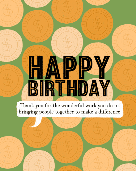 Happy Birthday text over green background with gold coin pattern and thank-you speech bubble