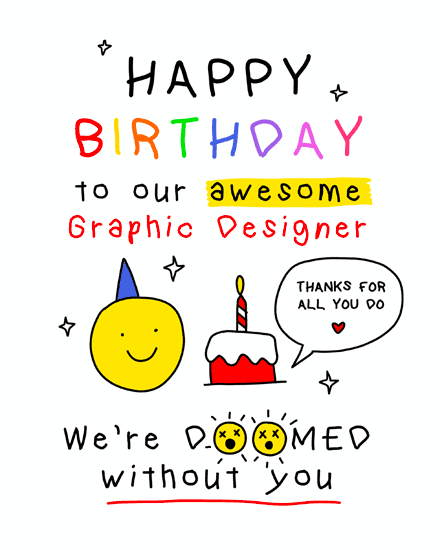Hand-drawn birthday design with rainbow text, cake, smiley face, and thanks speech bubble