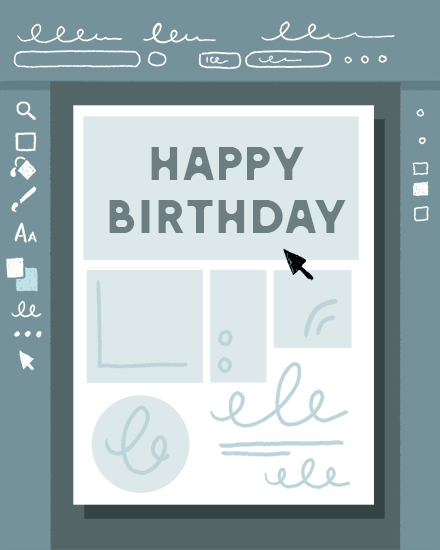 Happy Birthday text on webpage mockup with cursor arrow, doodles, and blue-gray UI icons