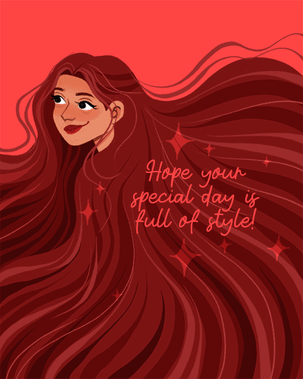 Illustrated woman with flowing red hair and sparkles, with stylish birthday message on coral background