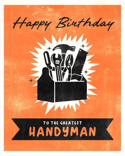 Orange card with toolbox and tools graphic, featuring bold text for a handyman.