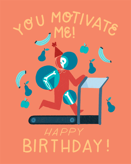 Coral birthday design with runner on treadmill, floating fruit, and “You Motivate Me” text