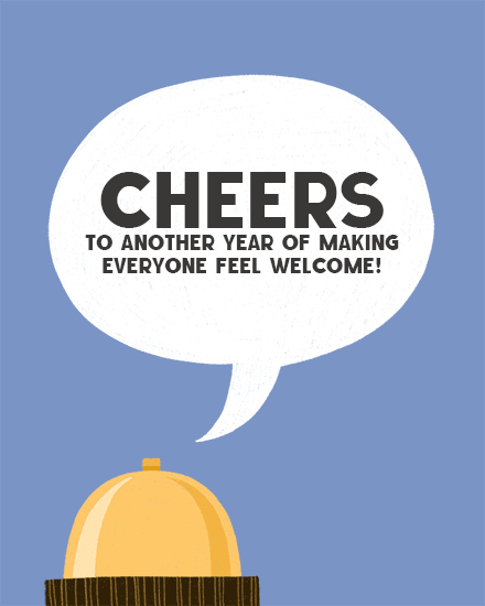 Blue background with large speech bubble saying CHEERS and welcome message, small hat illustration