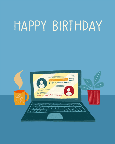 Happy Birthday text above laptop, steaming coffee mug, and potted plant on blue background