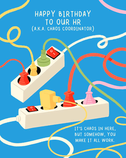 Blue birthday design with power strips, colorful tangled cords, and “Happy Birthday to Our HR” text