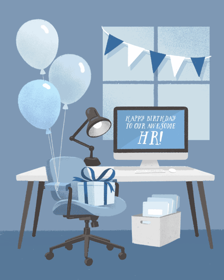 Blue office desk scene with balloons, bunting, gift, and monitor reading Happy Birthday HR