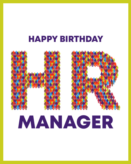 Happy Birthday HR Manager design with colorful people mosaic HR letters on white