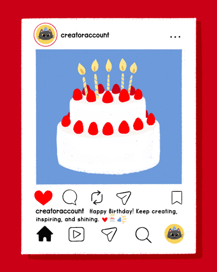 Instagram-style birthday post with white cake, red strawberries, candles, and creative message