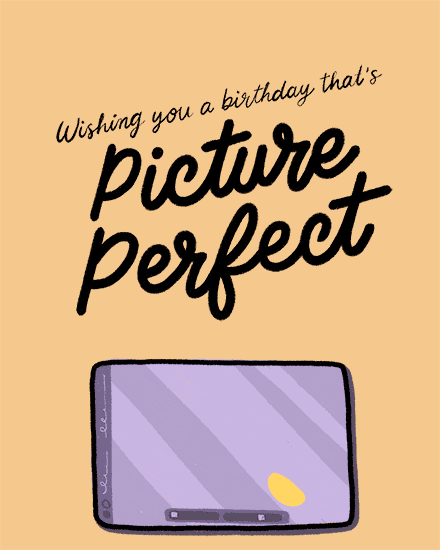 Hand-lettered “Picture Perfect” birthday message on tan background with illustrated camera screen