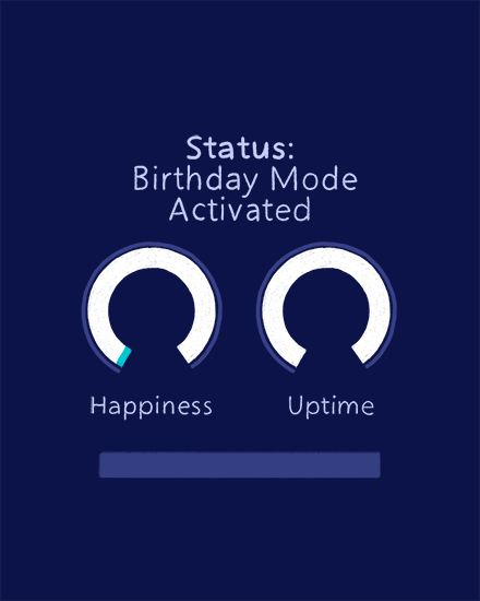 Navy birthday design with “Status: Birthday Mode Activated” and two gauge dials labeled Happiness and Uptime