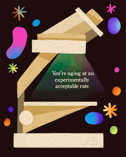 Illustrated lab flask with colorful confetti shapes and humorous aging message on dark background
