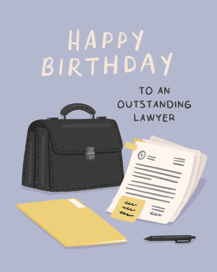 Lavender birthday design with briefcase, papers, folder, pen, and text for an outstanding lawyer
