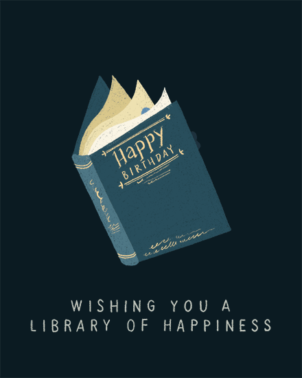 Vintage book illustration with Happy Birthday text on navy background, literary birthday greeting