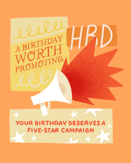 Peach and orange birthday design with megaphone, starburst, HBD text, and marketing slogans