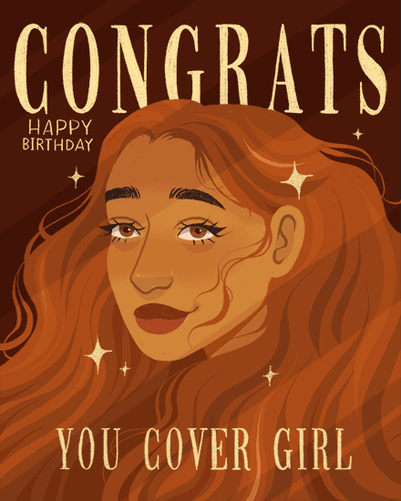 Retro portrait of a red-haired woman with sparkles and text: Congrats Happy Birthday You Cover Girl