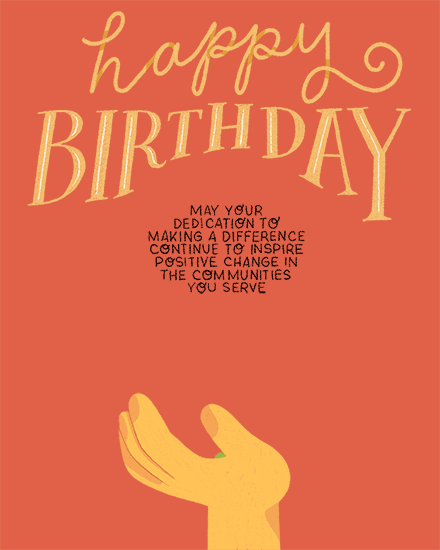 Terracotta greeting design with large Happy Birthday text, inspirational message, and open helping hand illustration
