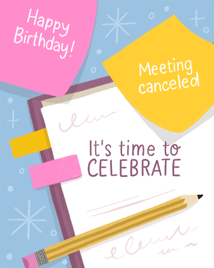 Office-themed birthday illustration with sticky notes, notepad saying “It’s time to celebrate,” and pencil
