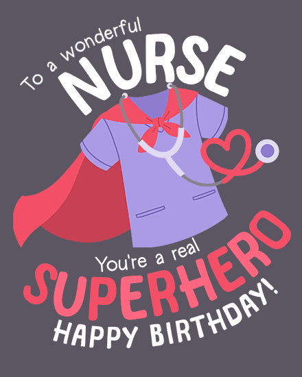 Illustrated nurse uniform with cape and stethoscope on a birthday card.