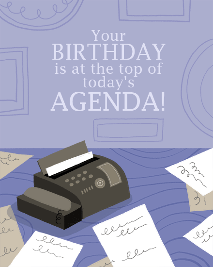 Lavender office-themed design with fax machine, scattered papers, and agenda birthday message