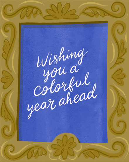Blue center panel with white script text, framed by ornate gold floral border
