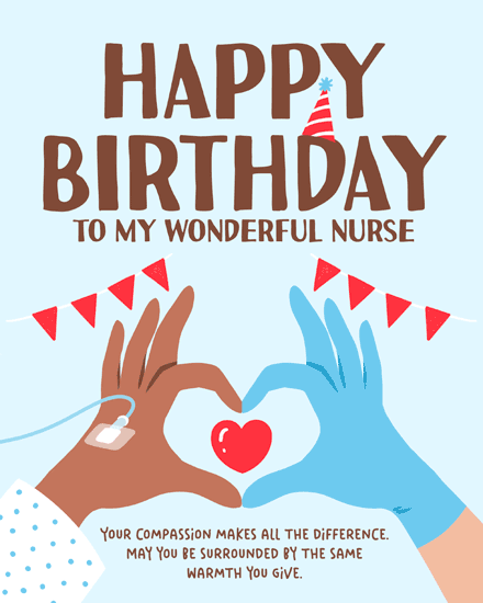 Birthday card with heart shape by nurse's hands and joyful design elements.