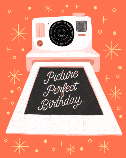 Retro instant camera with polaroid reading “Picture Perfect Birthday” on coral starburst background