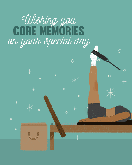 Teal birthday design with Pilates figure on reformer and text “Wishing you CORE MEMORIES”