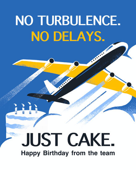 Blue aviation birthday design with airplane over clouds and cake, bold text message