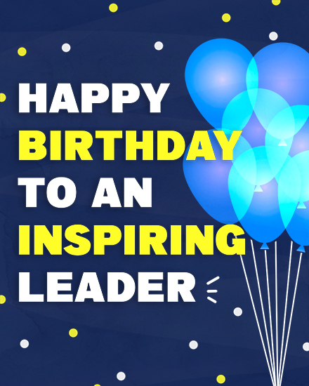 Navy confetti background with blue balloons and bold text celebrating an inspiring leader