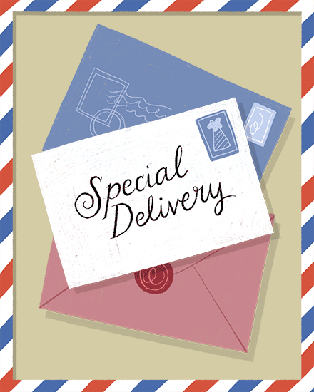 Vintage airmail border with layered envelopes and “Special Delivery” letter, stamps, wax seal