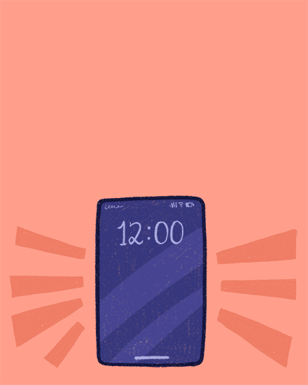 Illustrated smartphone showing 12:00 with alert rays on coral background