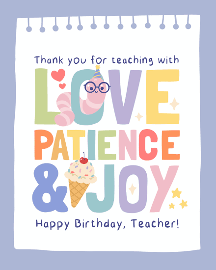Pastel poster design thanking teacher with love, patience, joy, hearts and ice cream