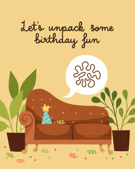 Therapy-themed birthday design with brown couch, plants, confetti, and “Let’s unpack some birthday fun” text