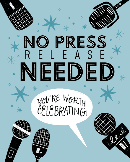 Teal birthday design with microphones, starbursts, and text “No Press Release Needed”