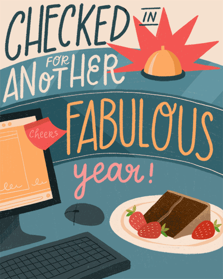 Office desk illustration with computer, keyboard, dessert plate, and “Checked in for another fabulous year” text