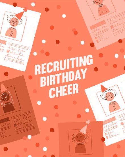 Coral confetti background with bold text and doodled résumé-style portraits around the edges