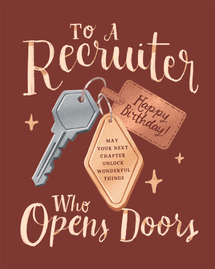 Burgundy birthday design with key, key tag, and text for recruiter who opens doors