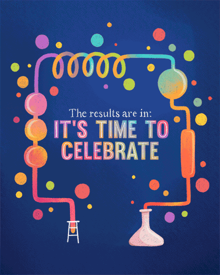 Colorful chemistry tubing and bubbles on navy background with “It’s time to celebrate” text